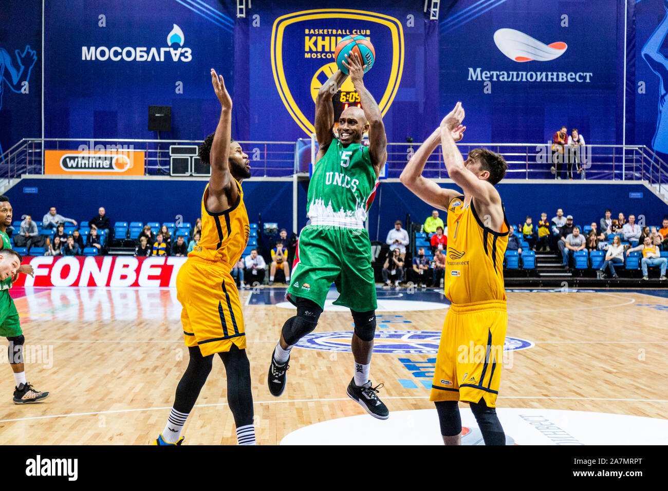 Jamar Smith, #15 of UNICS Kazan seen in action against Khimki Moscow during the Russian VTB United League between Khimki Moscow and UNICS Kazan.(Final score; Khimki Moscow 109:83 Russian VTB) Stock Photo