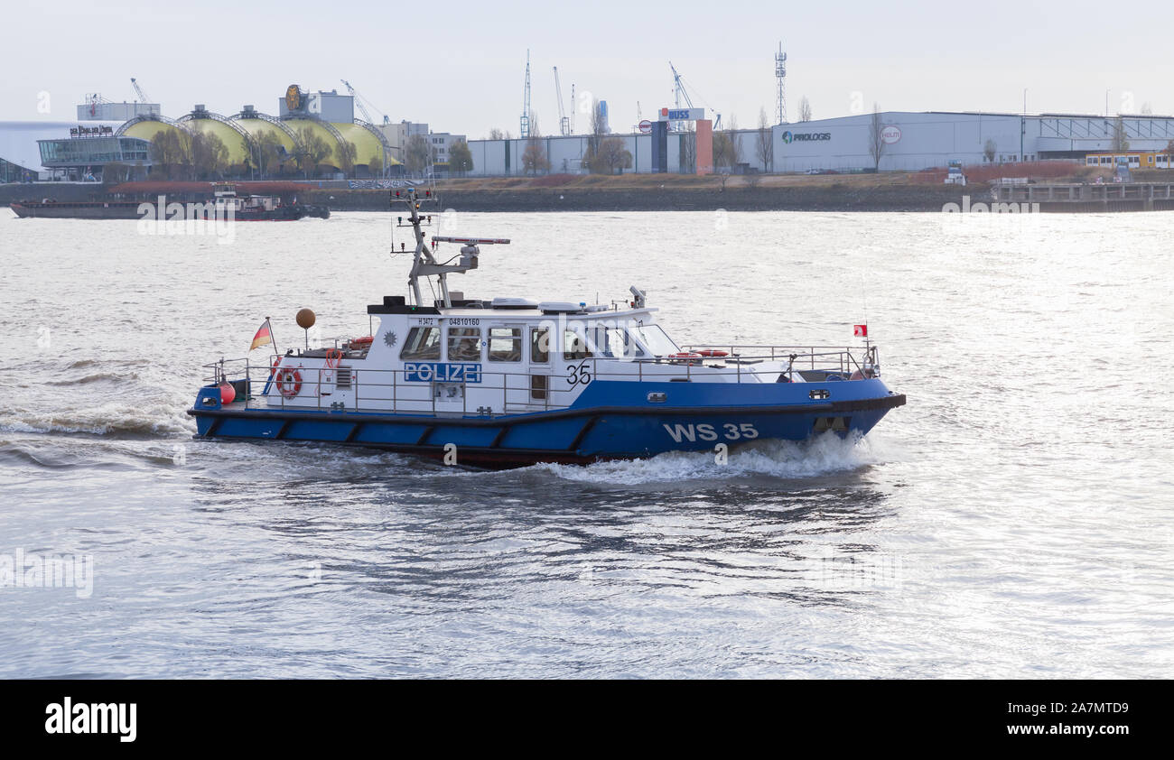 Hamburg, Germany - November 30, 2018: Port police boat WS35 goes on Elbe river Stock Photo