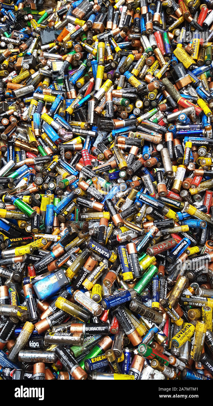 Old used batteries ready to be recycled in a factory in Gebze, Turkey
