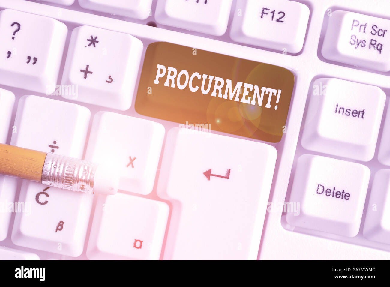 Word writing text Procurment. Business photo showcasing action of acquiring military equipment and supplies White pc keyboard with empty note paper ab Stock Photo