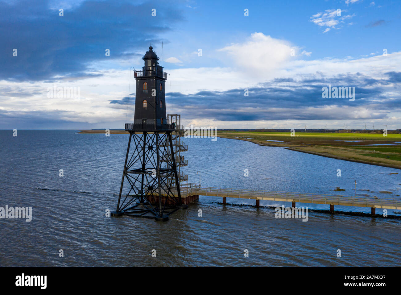 Beautiful Obereversand lighthouse (Leuchtturm) of North Sea near Bremen, Bremerhaven and Weser river. Dorum-Neufeld, Wurster Nordseeküste, Germany. Lo Stock Photo