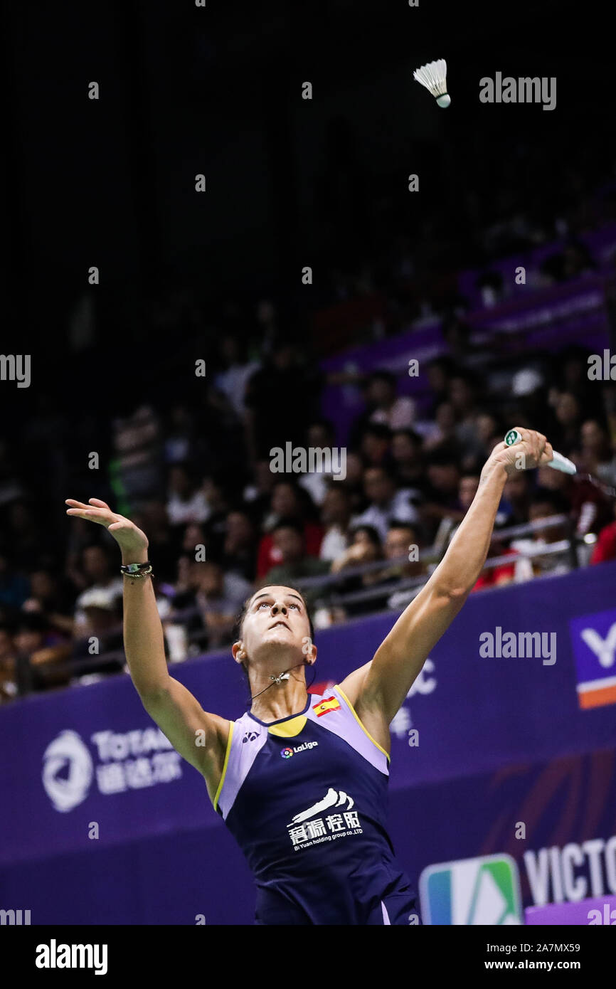 Spanish professional badminton player Carolina Marin competes against