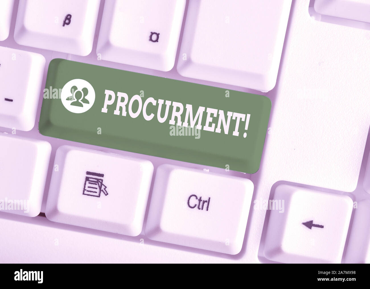 Handwriting text Procurment. Conceptual photo action of acquiring military equipment and supplies White pc keyboard with empty note paper above white Stock Photo