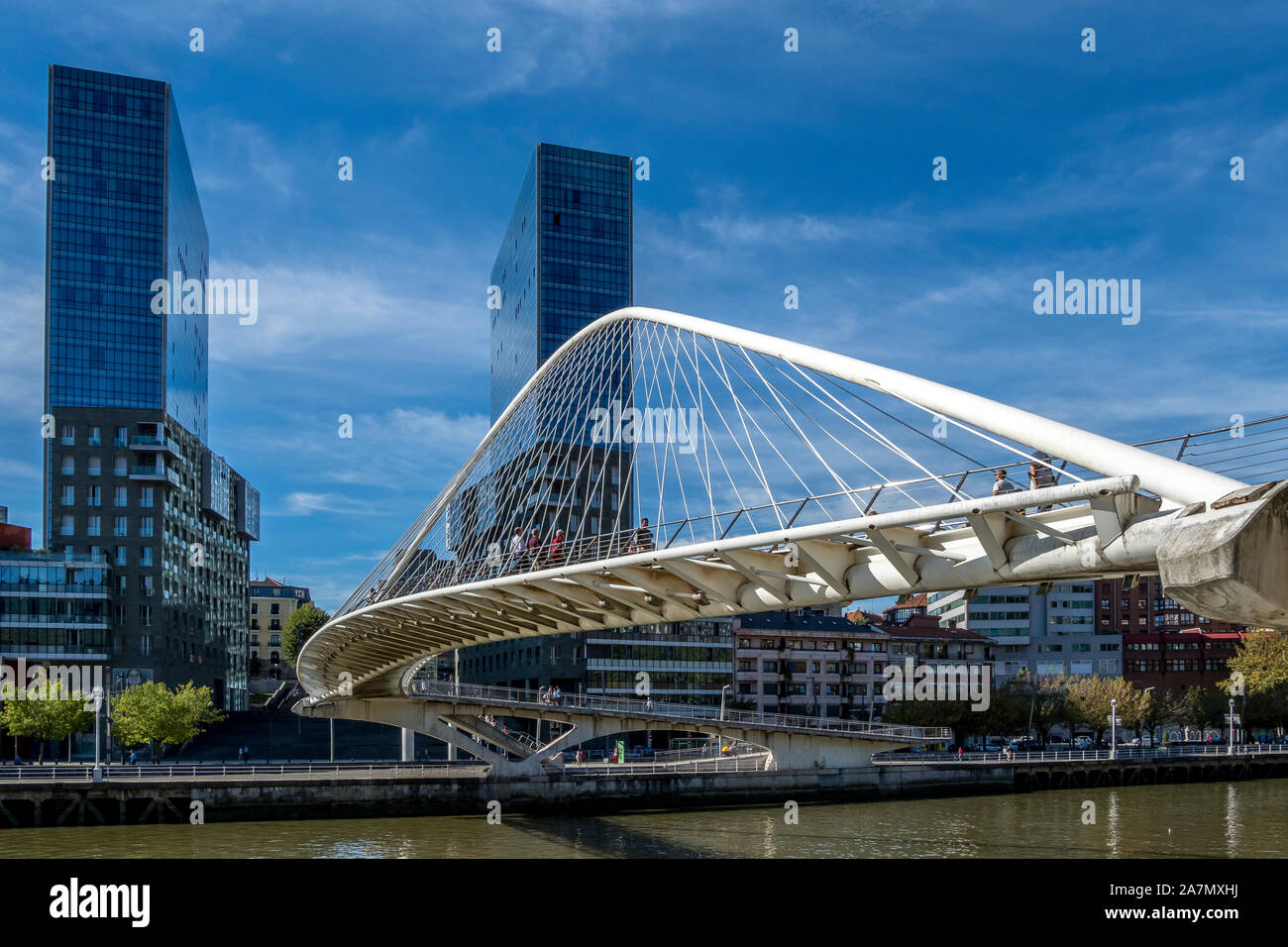 View of Bilbao,  Zubizuri bridge  Bilbao, Spain October, 26, 2019 Stock Photo