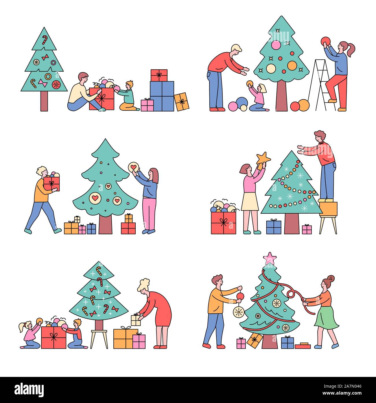 Merry Christmas and Happy New Year. People are preparing for the new year, buying presents, decorating the Christmas tree, celebrate the new year, put Stock Vector