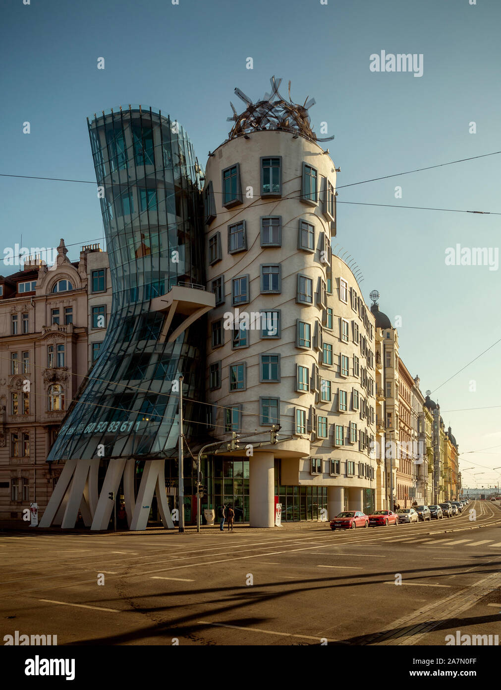 PRAGUE, CZECH REPUBLIC - FEBRUARY 18, 2016: Modern building, also known as the Dancing House, designed by Vlado Milunic and Frank O. Gehry stands on t Stock Photo