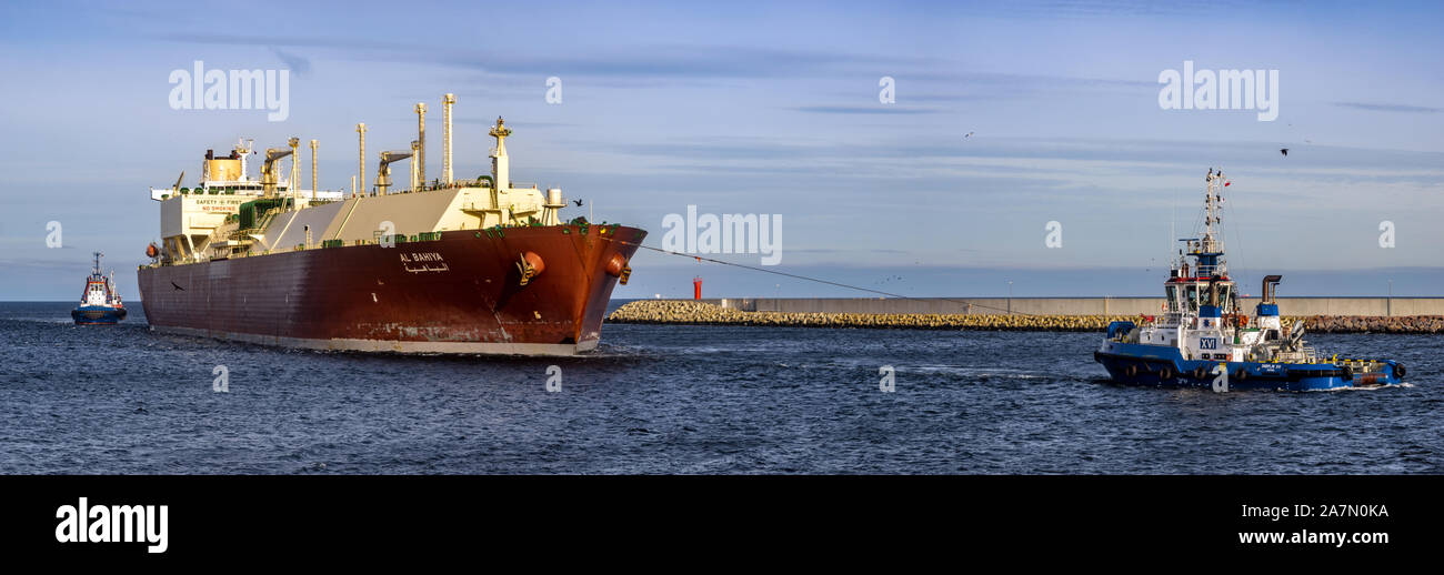 Swinoujscie, Poland-October 27, 2019: Introduction of the Lng Al Bahiya tanker to the lng terminal in Swinoujscie under the agreement of the Polish an Stock Photo