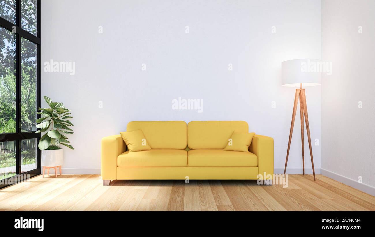 White Living Room Interior with Wooden Floor and Copy Space on Wall for Mock Up, 3D Rendering Stock Photo