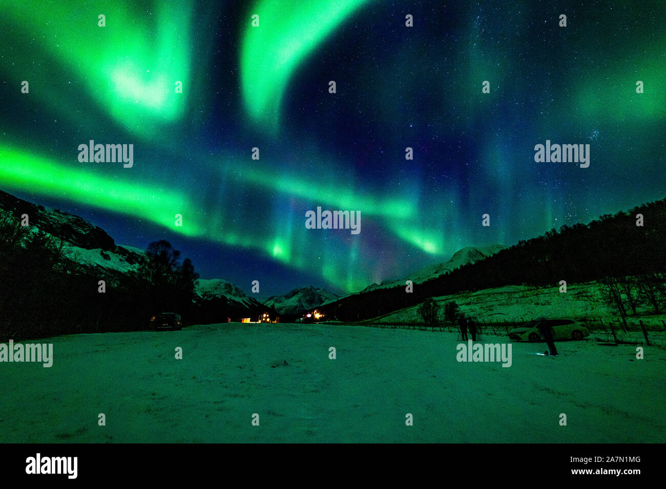 Nordlichter, über den Bergen, Aurora Borealis, Northern Lights, Troms, Norway, Lyngenalps, Lakselvdal, over the mountains Stock Photo