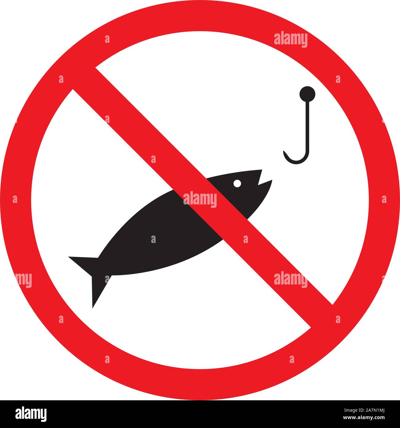 No fishing sign vector illustration. Not allowed prohibited caution symbol. Red circle. Stock Vector