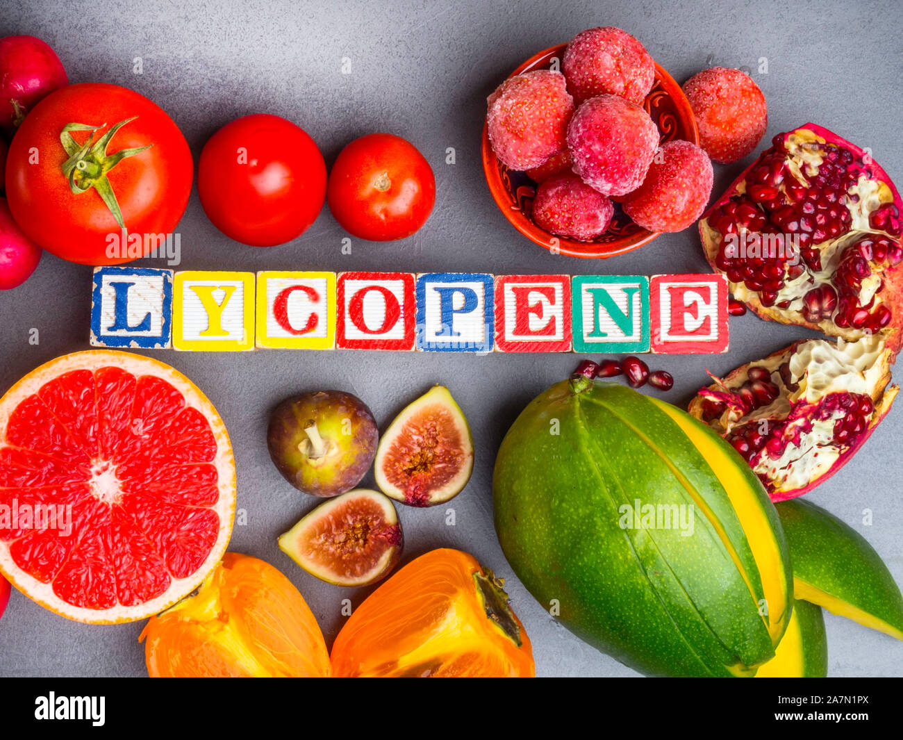 Fruits and vegetables containing lycopene. Healthy vegan food