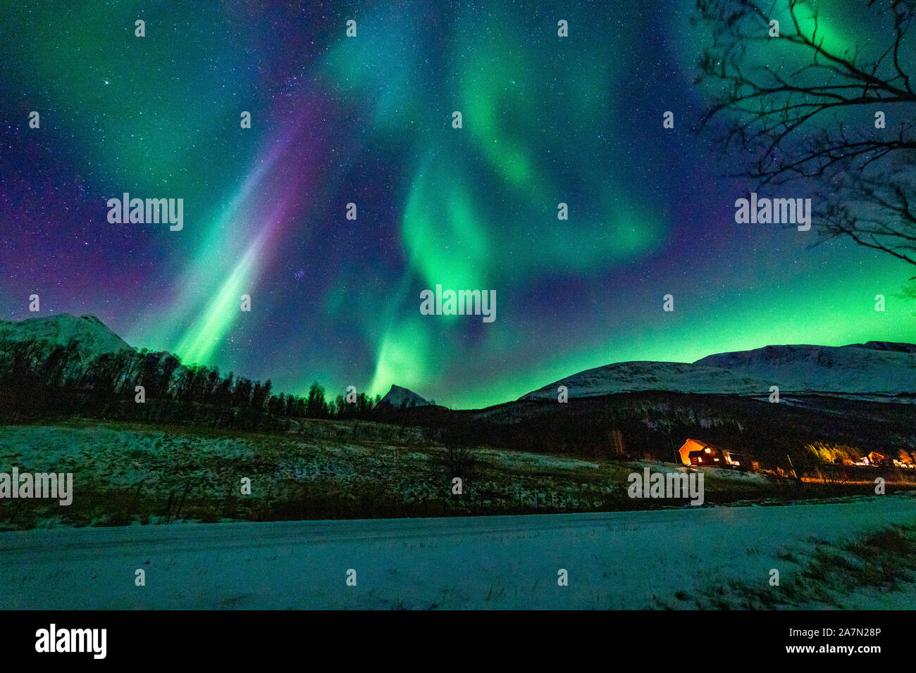 Nordlichter, über den Bergen, Aurora Borealis, Northern Lights, Troms, Norway, Lyngenalps, Lakselvdal, over the mountains Stock Photo