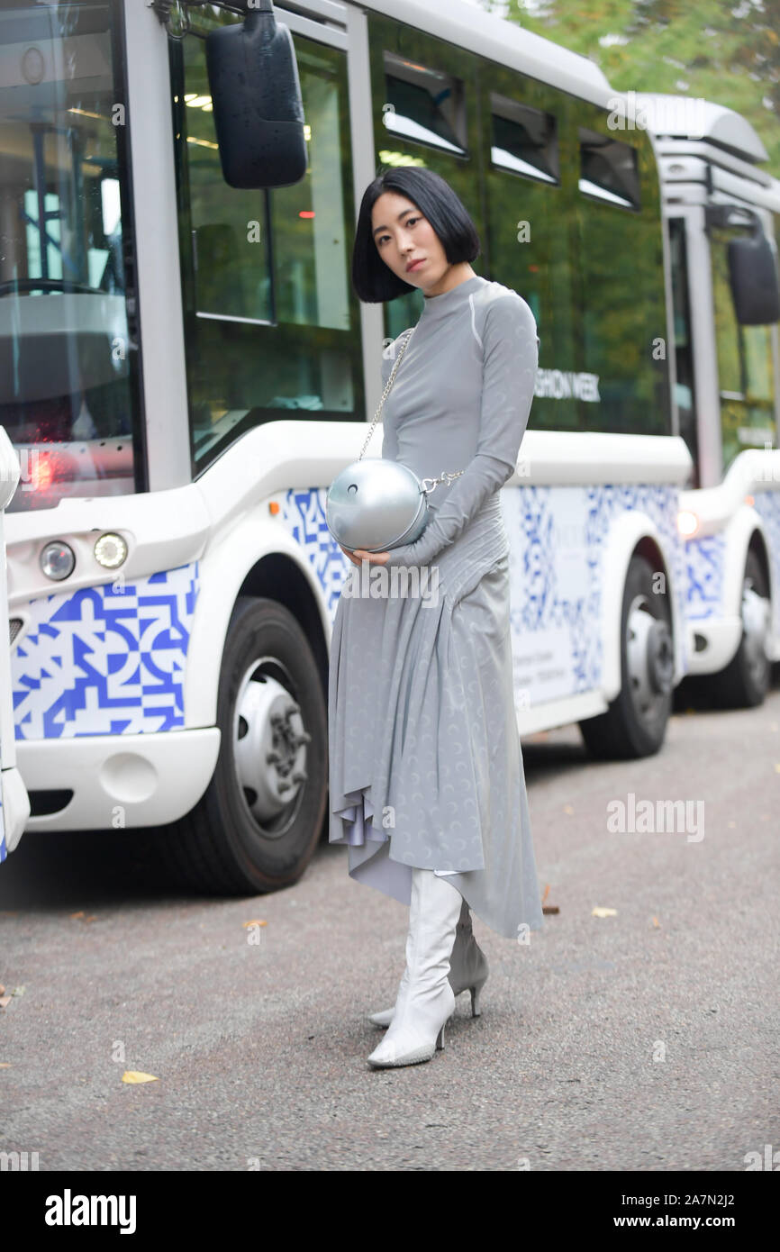 South Korean hip-hop dancer and choreographer Kim Hye Rang or Lia Kim poses for street snaps during the Marine Serre Womenswear Spring/Summer 2020 sho Stock Photo