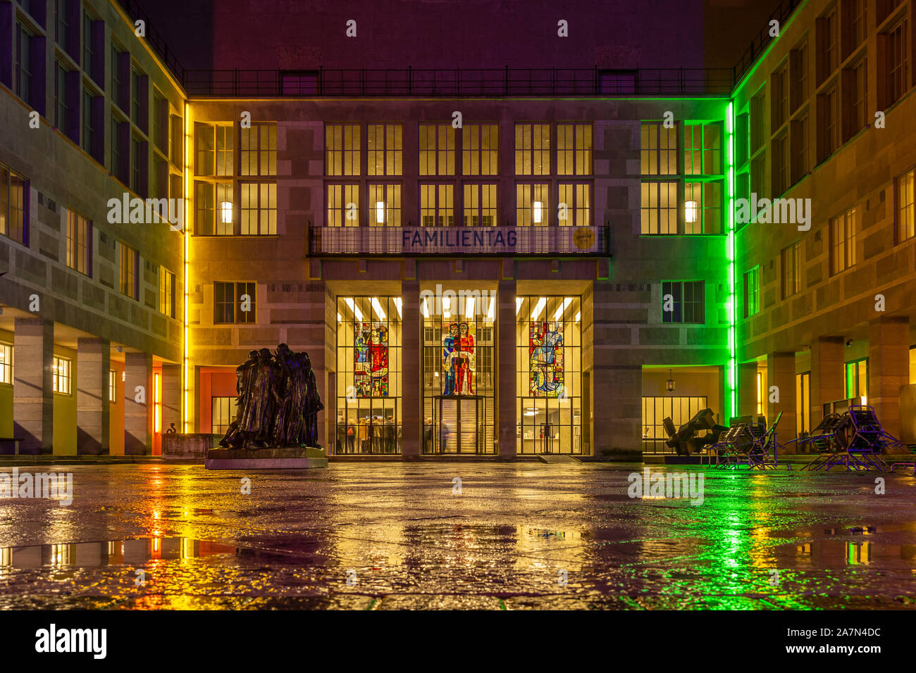 Basel Art Museum, Hauptbau building courtyard, facade and entrance, at night. Conservative modernism architecture style. Stock Photo