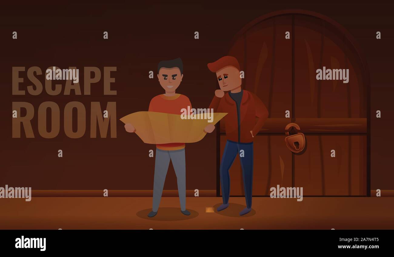 Boys escape room concept banner. Cartoon illustration of boys escape room vector concept banner for web design Stock Vector