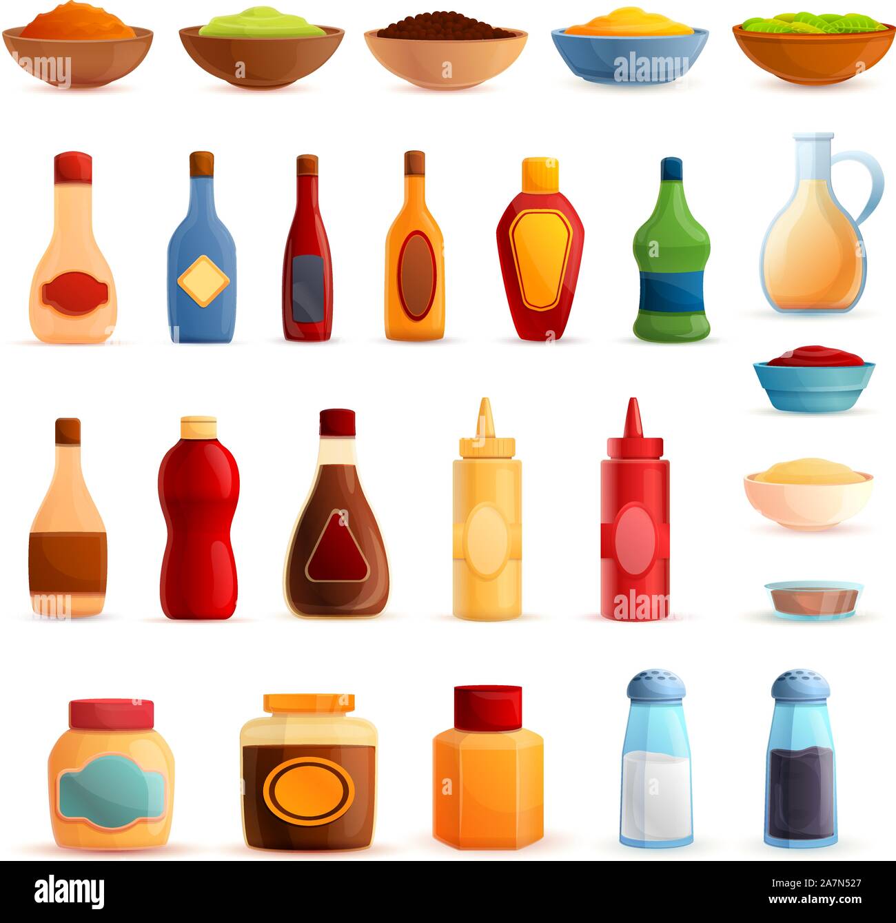 Condiment icons set. Cartoon set of condiment vector icons for web design Stock Vector