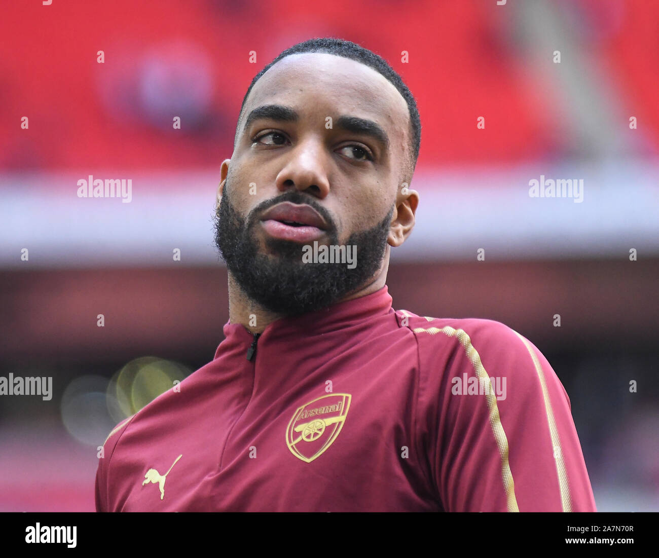 LONDON, ENGLAND - MARCH 2, 2019: Alexandre Lacazette of Arsenal pictured ahead of the 2018/19 Premier League game between Tottenham Hotspur and Arsenal FC at Wembley Stadium. Stock Photo
