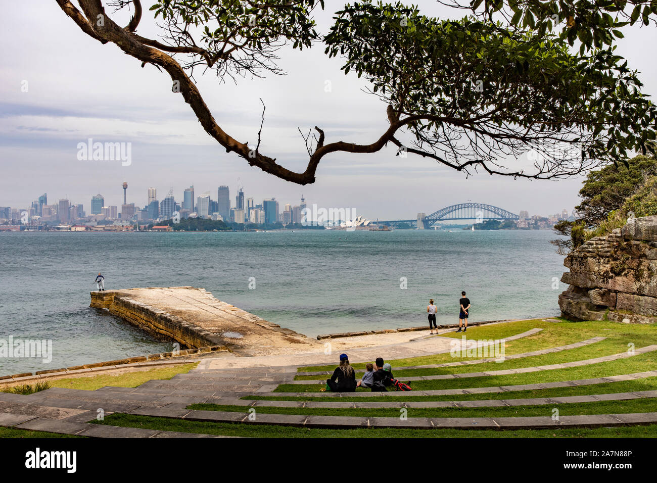 View of Sydney harbour and skyline from Bradleys Head in Sydney Stock Photo