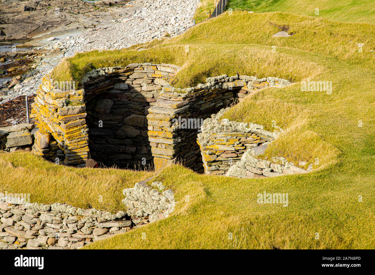 The wheelhouse built 2C to 3C CE, the round building has spurs inside to support the roof creating a wheel like effect, built over the Iron Age Broch Stock Photo