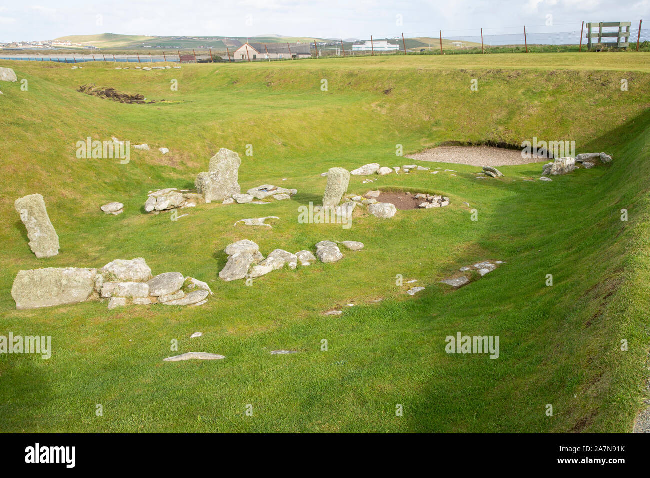 The outline of a Neolithic or Stone Age building at the Jarlshof settlement on the Mainland island of the Shetland Isles, Scotland Stock Photo