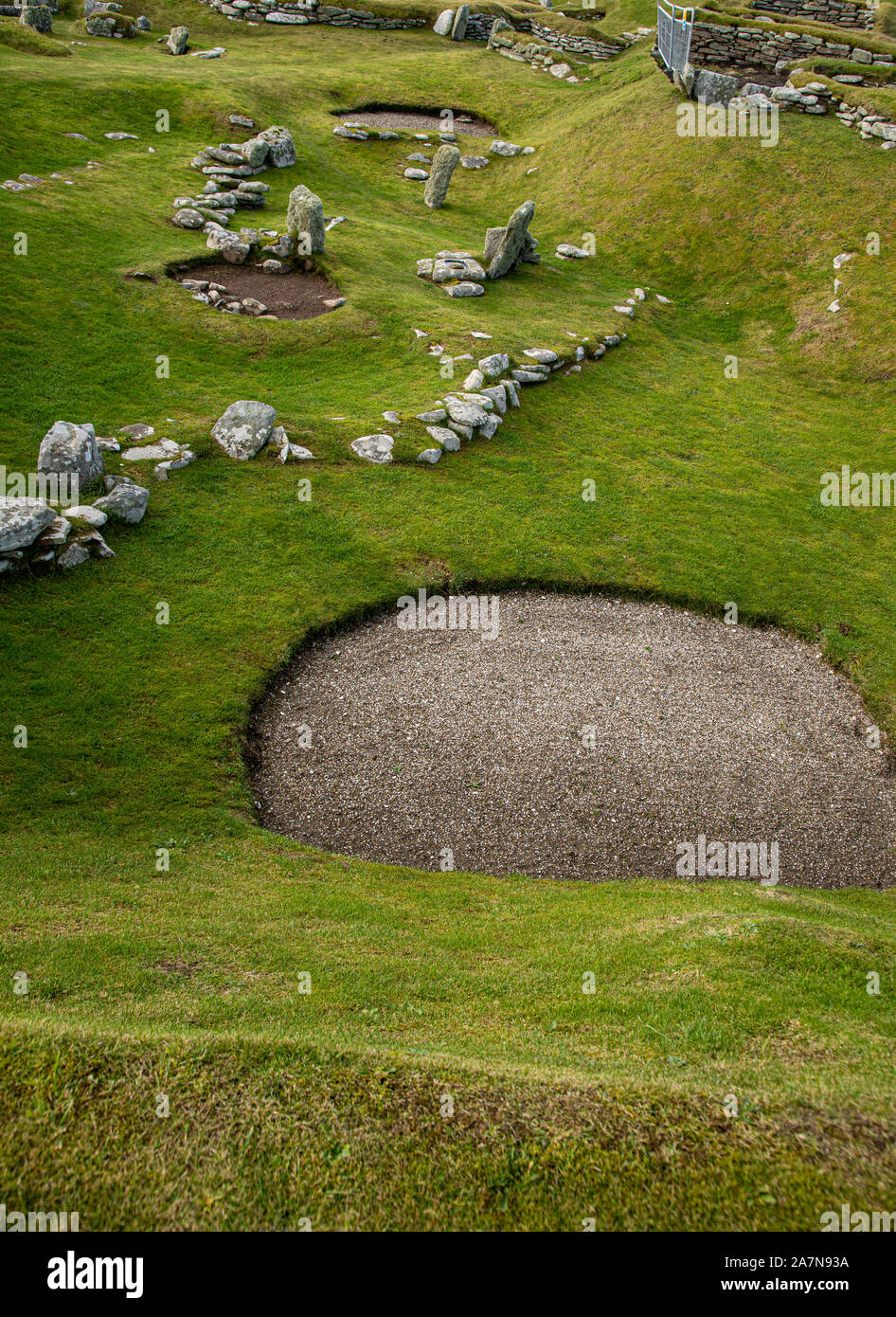Outline of the earliest stone age building at the Jarlshof settlement dating from the Neolithic age about 2500 BCE Stock Photo