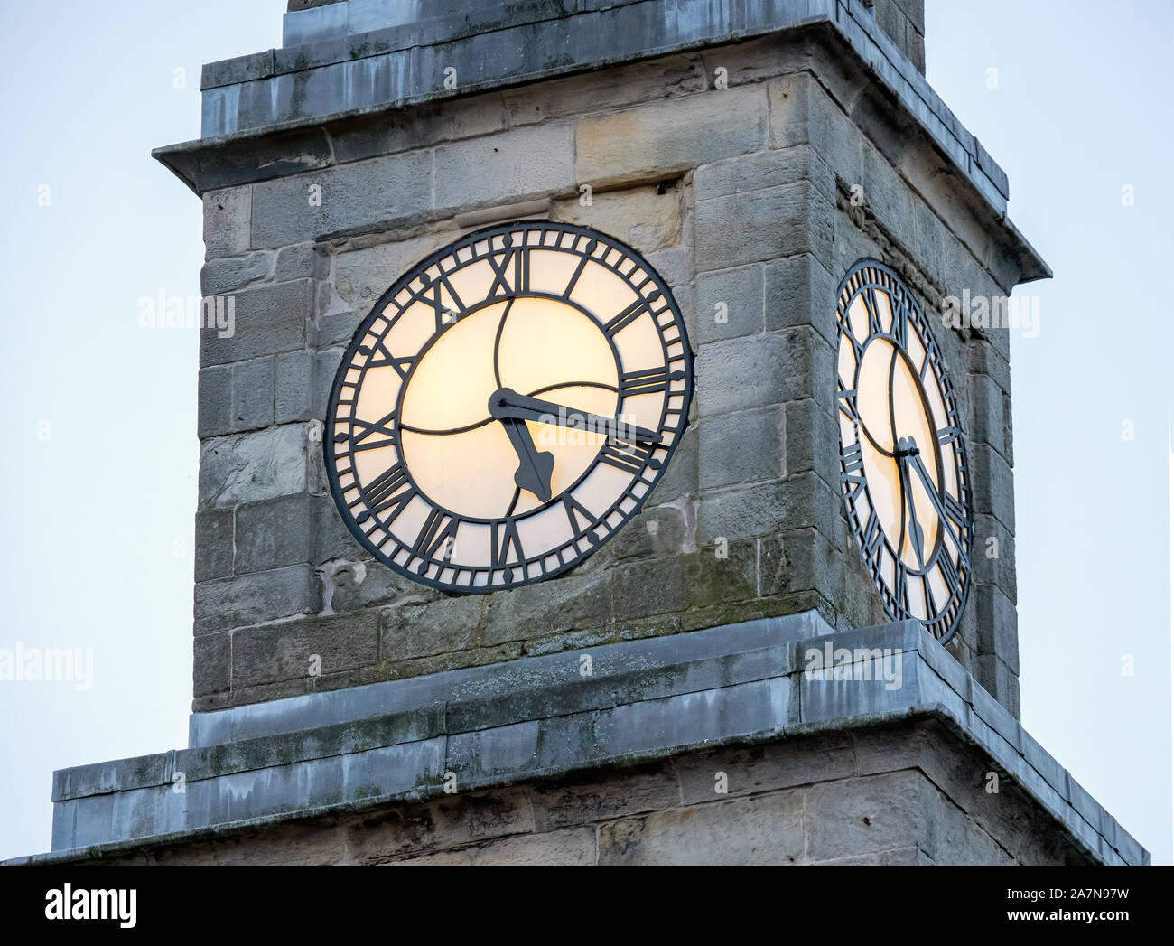 Town Clock showing nineteen minutes past five, Langholm, Scotland, UK. Stock Photo