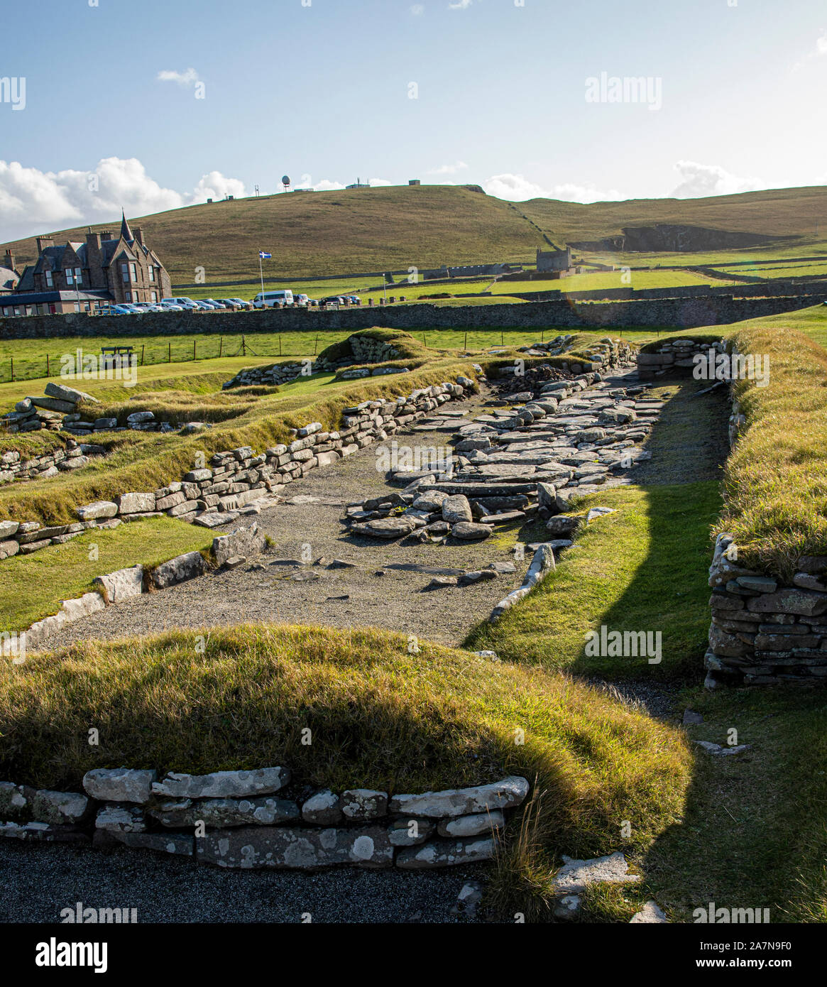 A view of the outline of a Viking Long House in the ancient settlement of Jarlshof on the island of Mainland Shetland Stock Photo
