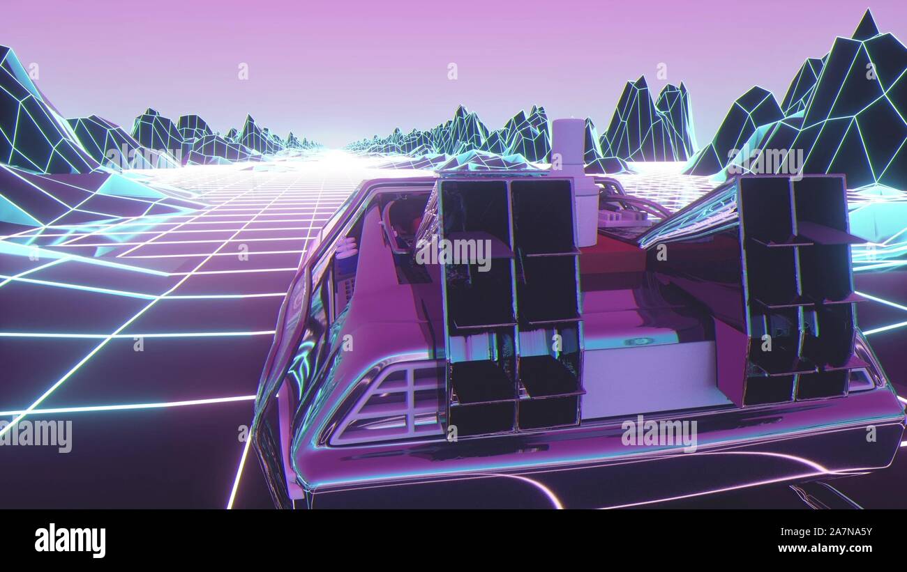 Cyberpunk car in 80s style moves on a virtual neon landscape. 3d