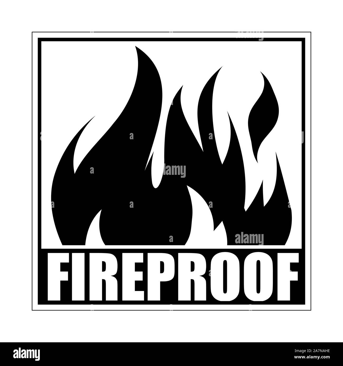 Fireproof square icon, logo design, sign, black label with blazing flame. Stock Vector