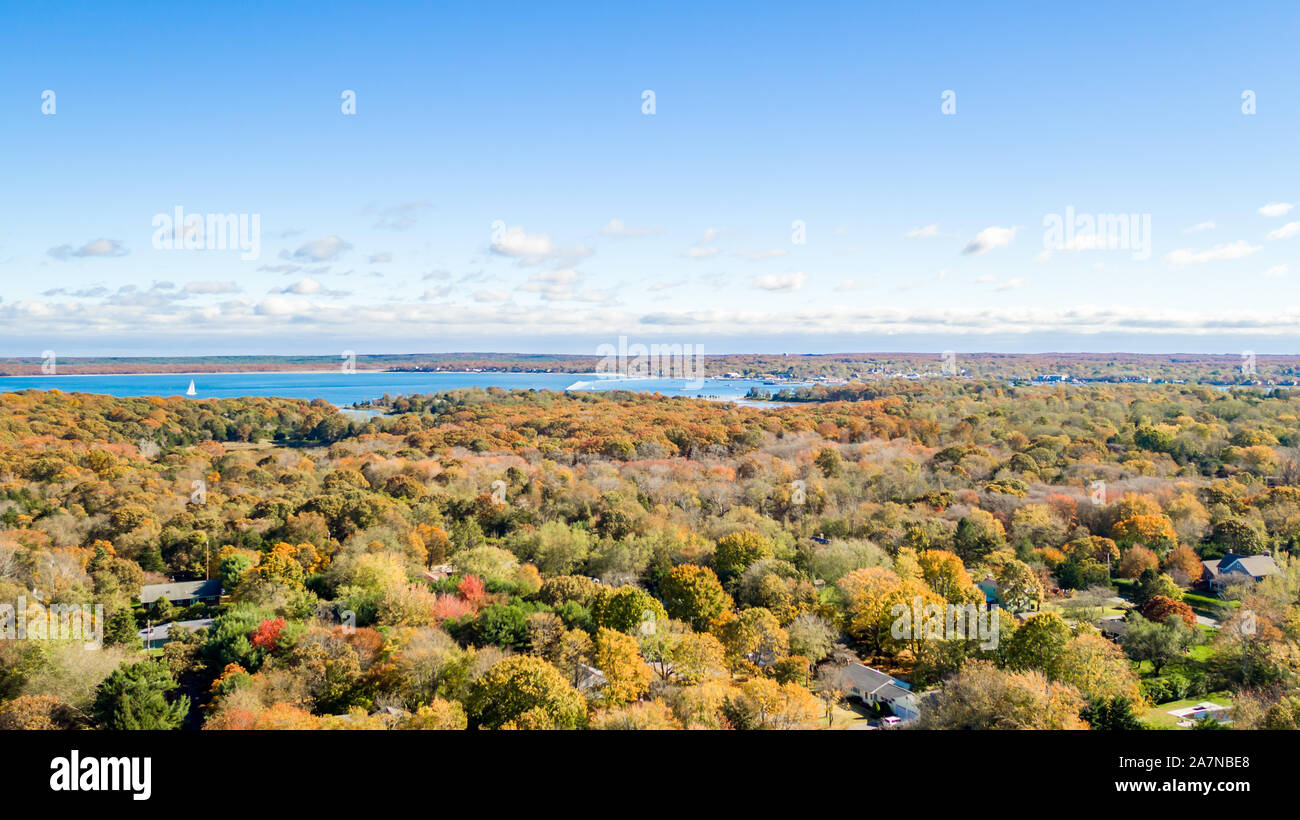 Drone image of North Haven and a distant Sag Harbor, NY Stock Photo