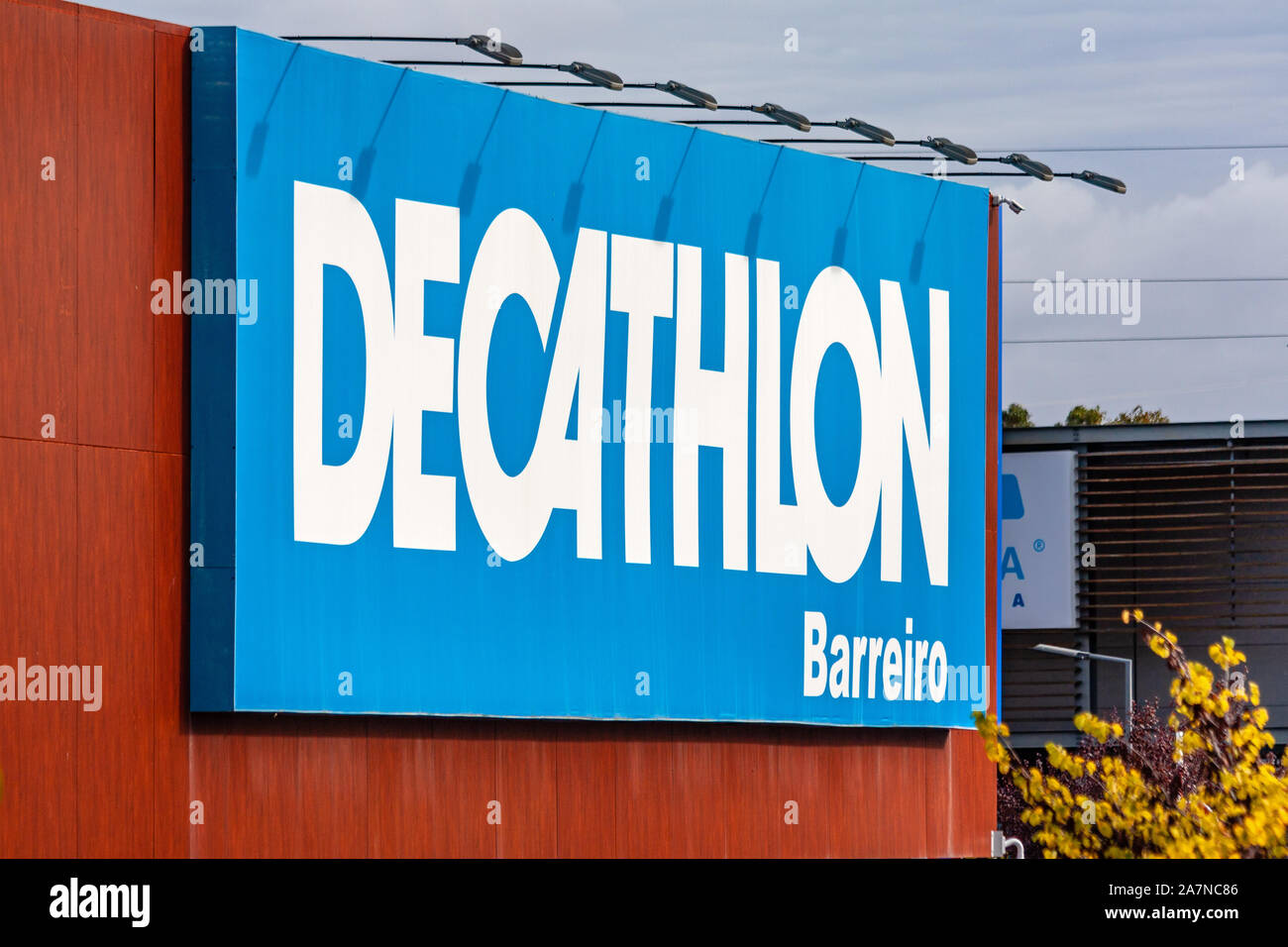 Coina, Portugal. Signboard of the Decathlon store in the Barreiro Planet Retail Park. Decathlon is a French company and the largest sporting goods. Stock Photo