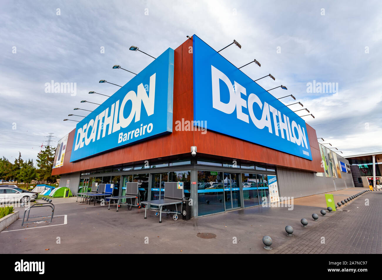 Coina, Portugal. Entrance of the Decathlon store in the Barreiro Planet Retail Park. Decathlon is a French company and the largest sporting goods. Stock Photo