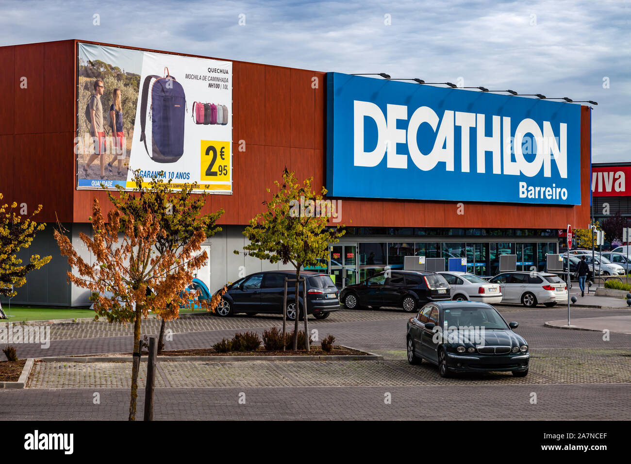 Coina, Portugal. Entrance of the Decathlon store in the Barreiro Planet Retail Park. Decathlon is a French company and the largest sporting goods. Stock Photo