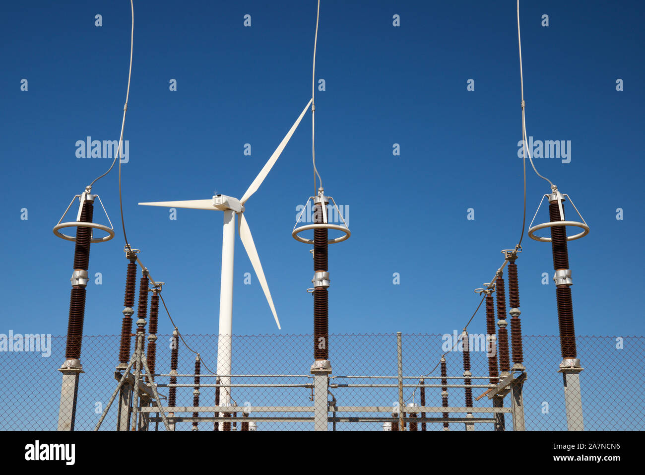 Windmill for electric power production and electrical substation in Spain. Stock Photo