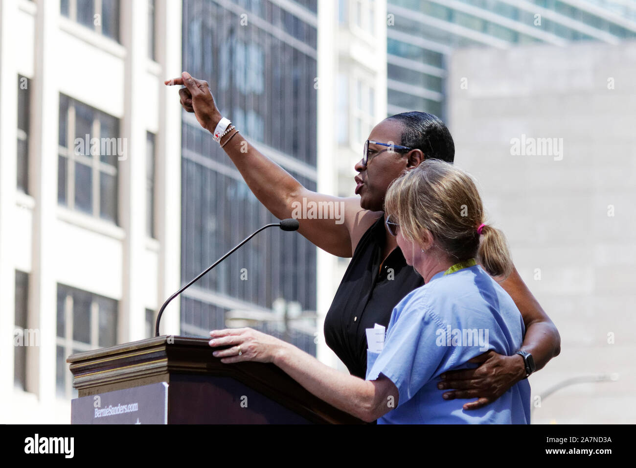 Philadelphia, PA, USA - July 15, 2019: Sen. Nina Turner, Bernie2020 campaign co-chair, speaks at a rally to stop the closure of a hospital. Stock Photo