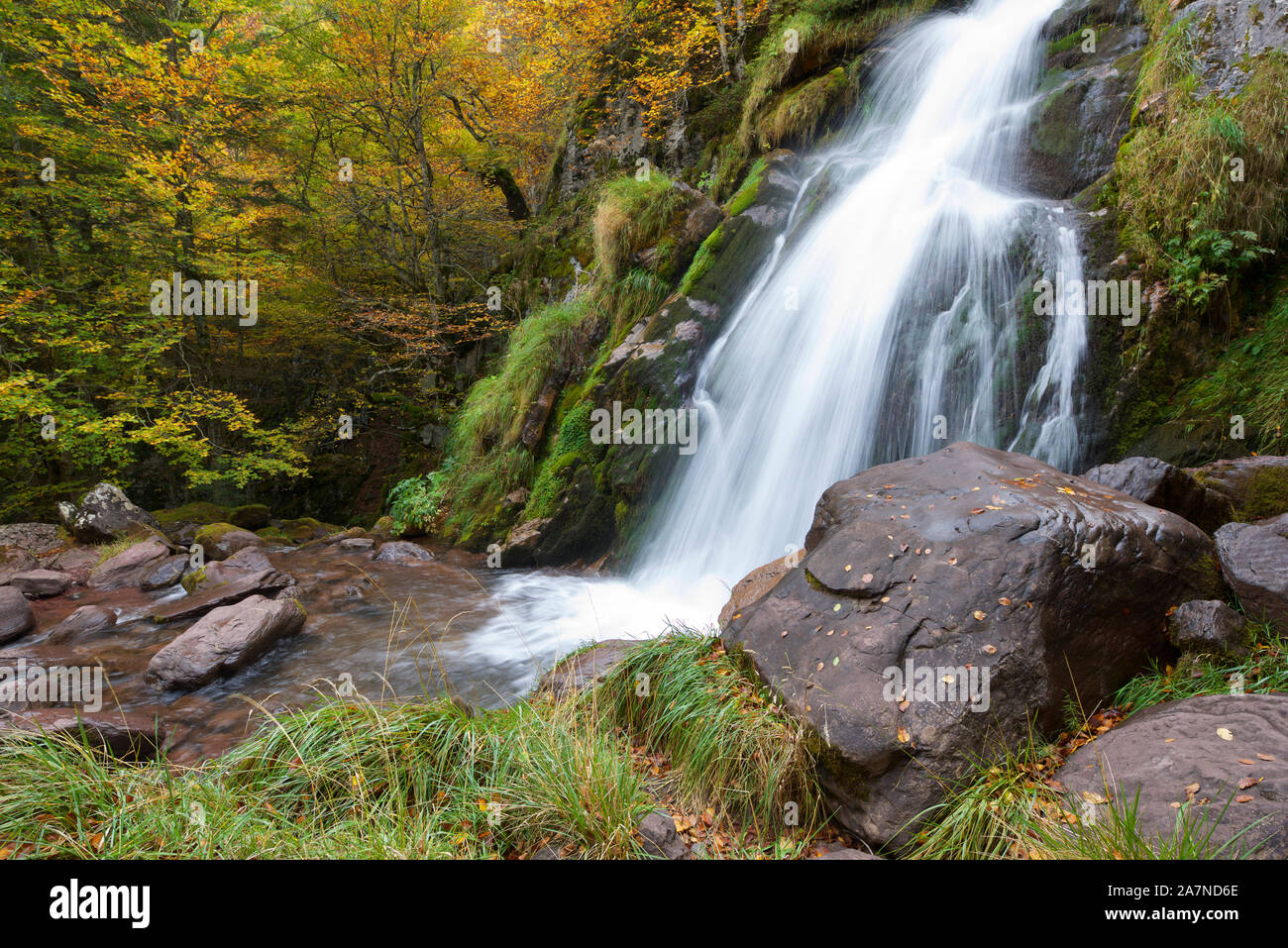 Waterfall in a autumnal forest in the Aspe Valley. Stock Photo