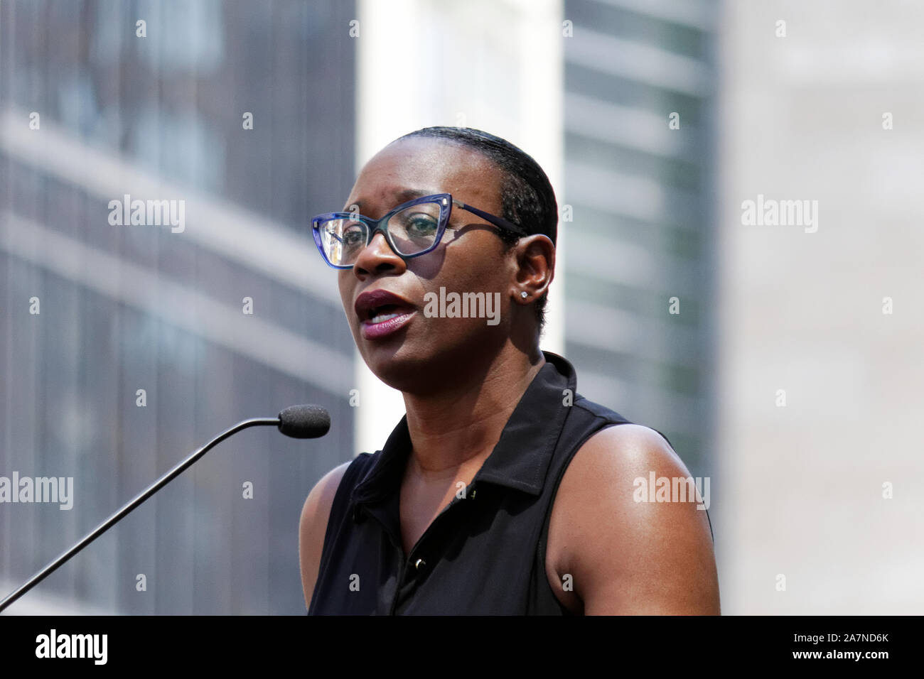 Philadelphia, PA, USA - July 15, 2019: Sen. Nina Turner, Bernie2020 campaign co-chair, speaks at a rally to stop the closure of a hospital. Stock Photo