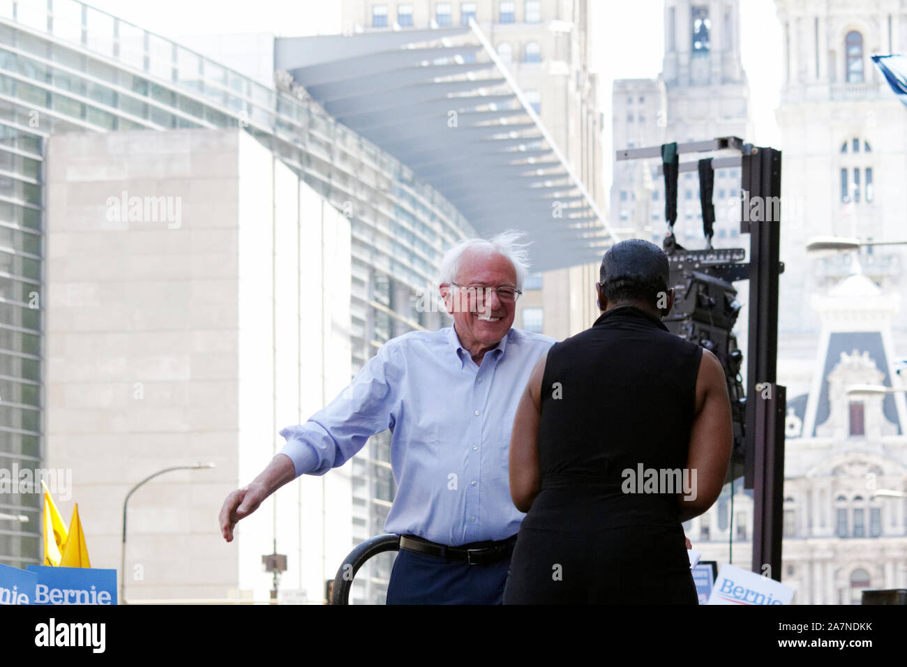 Philadelphia, PA, USA - July 15, 2019: 2020 Presidential candidate Sen. Bernie Sanders greets his campaign co-chair, Sen. Nina Turner at a rally. Stock Photo