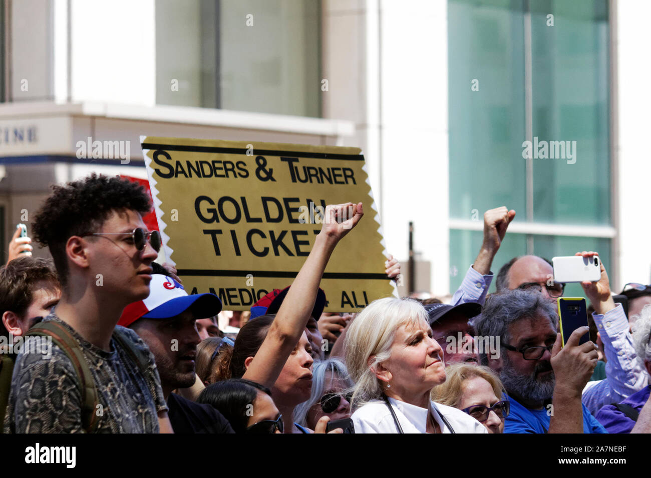 Philadelphia, PA, USA - July 15, 2019: 2020: Presidential candidate Sen. Bernie Sanders draws a rally of hundreds to stop a hospital from closing. Stock Photo