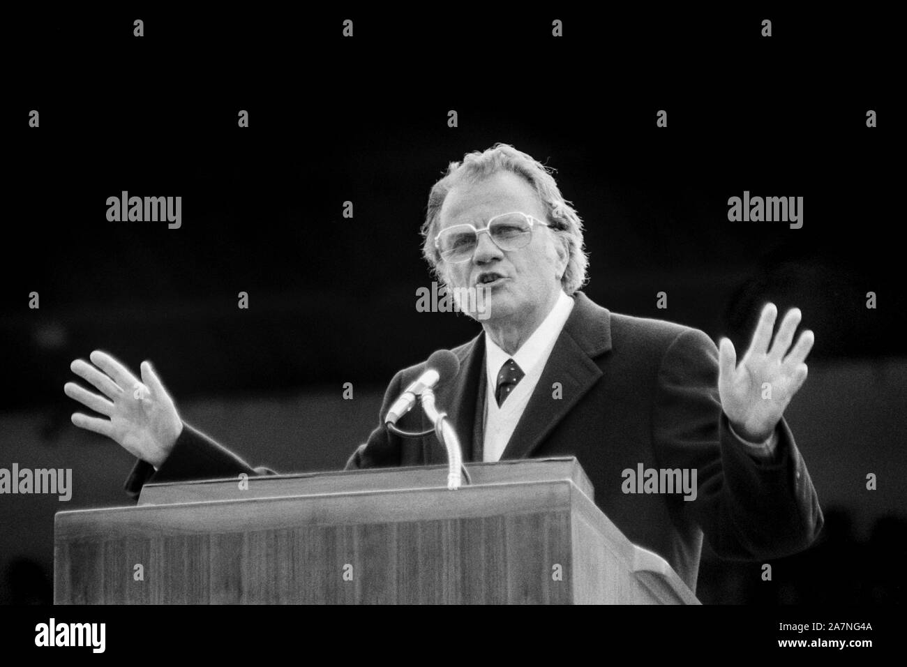 Billy Graham an American christian evangelist speaking at Bristol, England in 1984. One of  his'Mission England' events. Stock Photo
