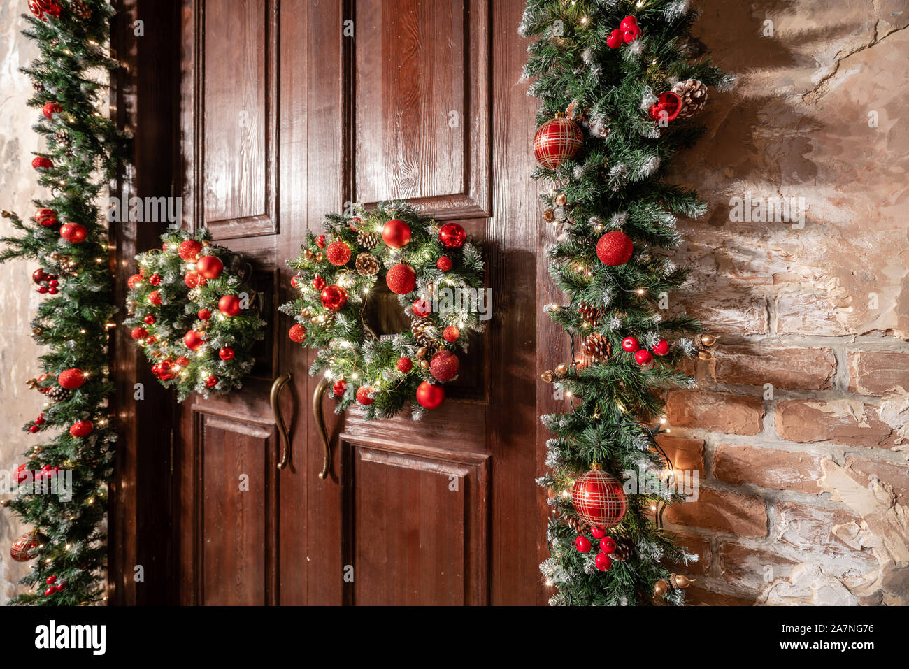 House Entrance Decorated For Holidays Christmas Decoration Two