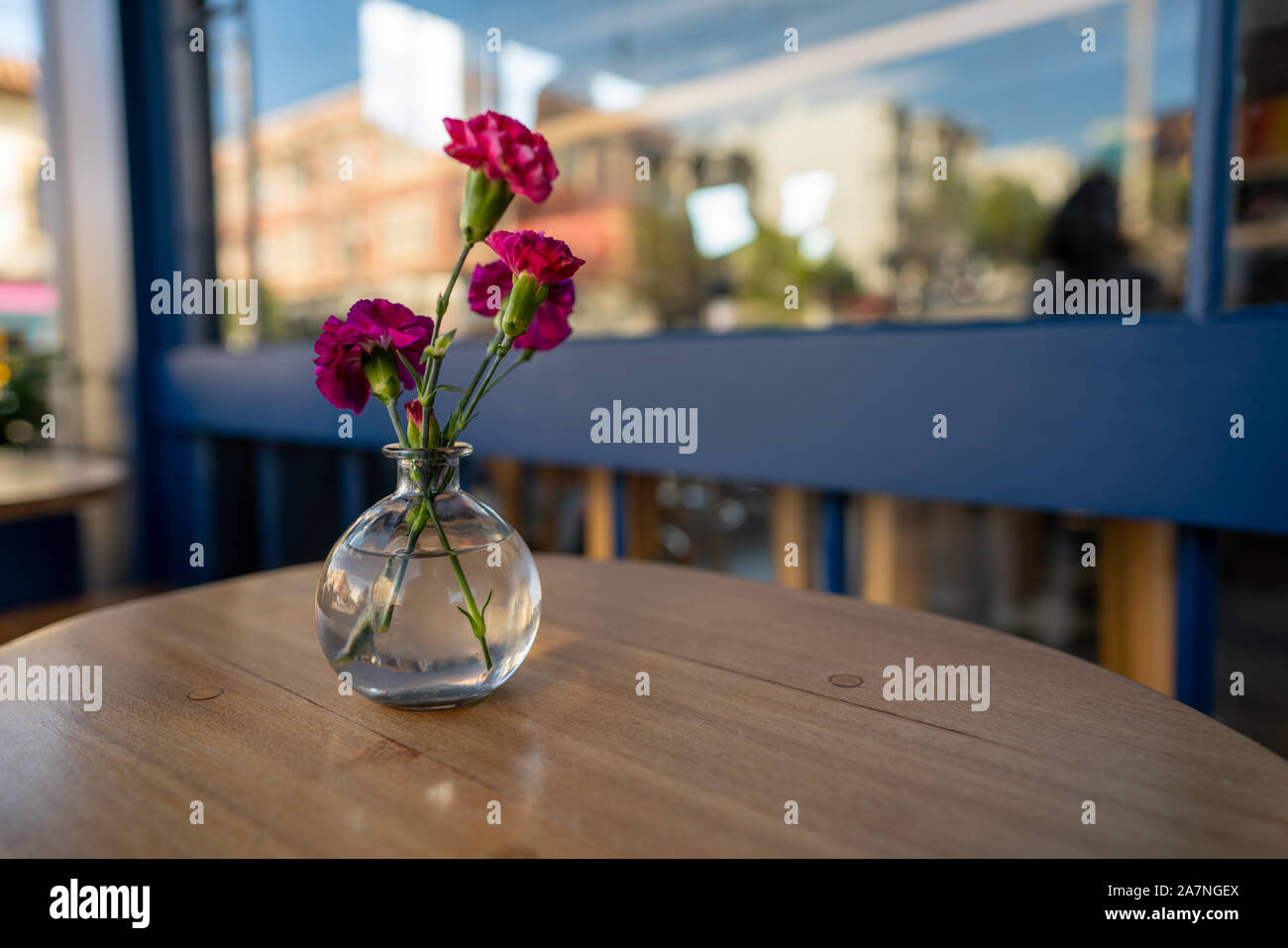 Multiple urple carnation flower in a round glass vase on wooden table outside Stock Photo