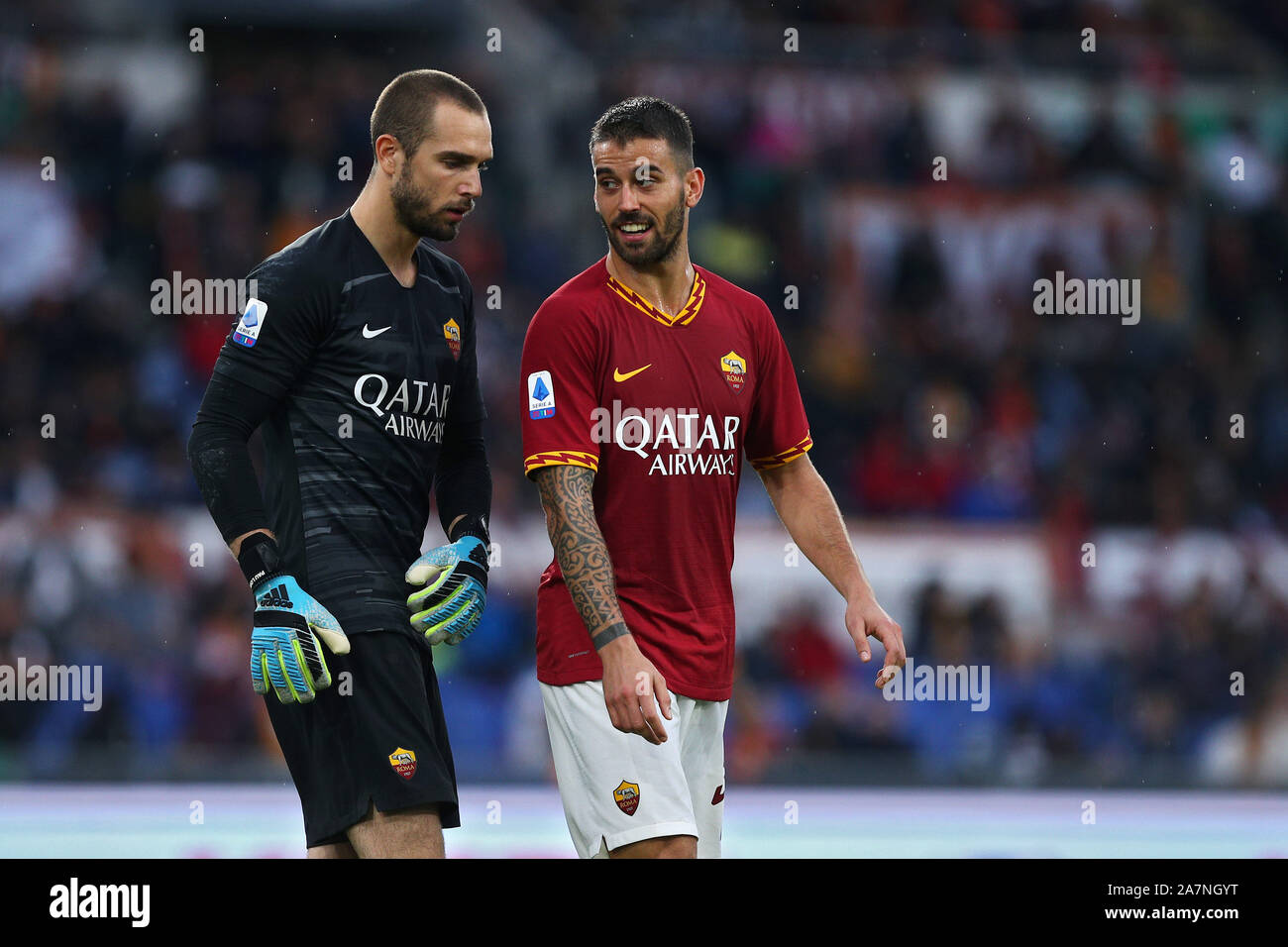 Pau Lopez L Talks To Leonardo Spinazzola R Of As Roma During The Italian Championship Serie A Football Match Between As Roma And Ssc Napoli On November 2 2019 At Olimpico Stadium