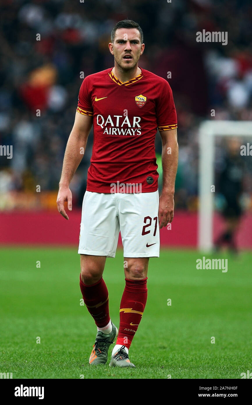 Jordan Veretout of AS Roma gestures during the Italian championship Serie A football match between AS Roma and SSC Napoli on November 2, 2019 at Olimpico stadium in Rome, Italy - (Photo by Federico Proietti/ESPA-Images) Stock Photo