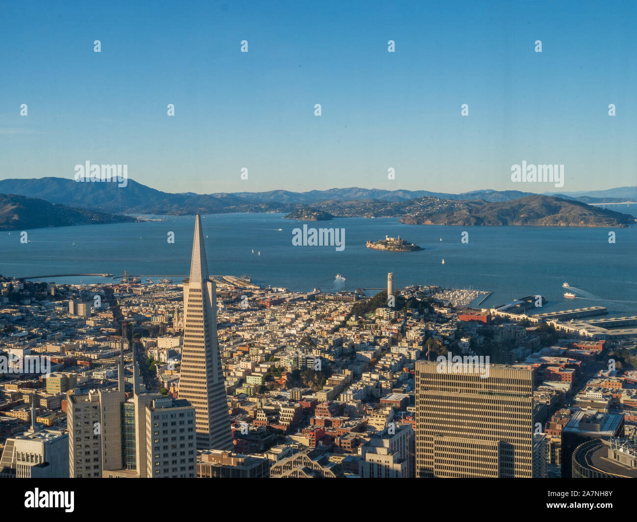 View of Transamerica Pyramid, Alcatraz, and San Francisco Bay from tallest vantage point in city Stock Photo