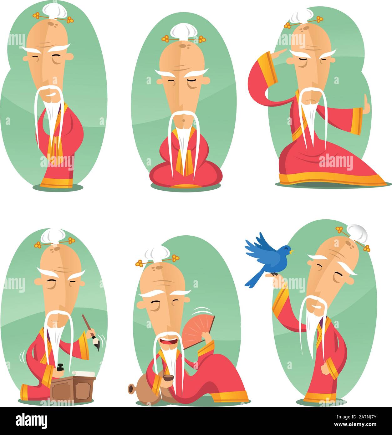 Chinese confusian old wise sage cartoon illustration Stock Vector Image