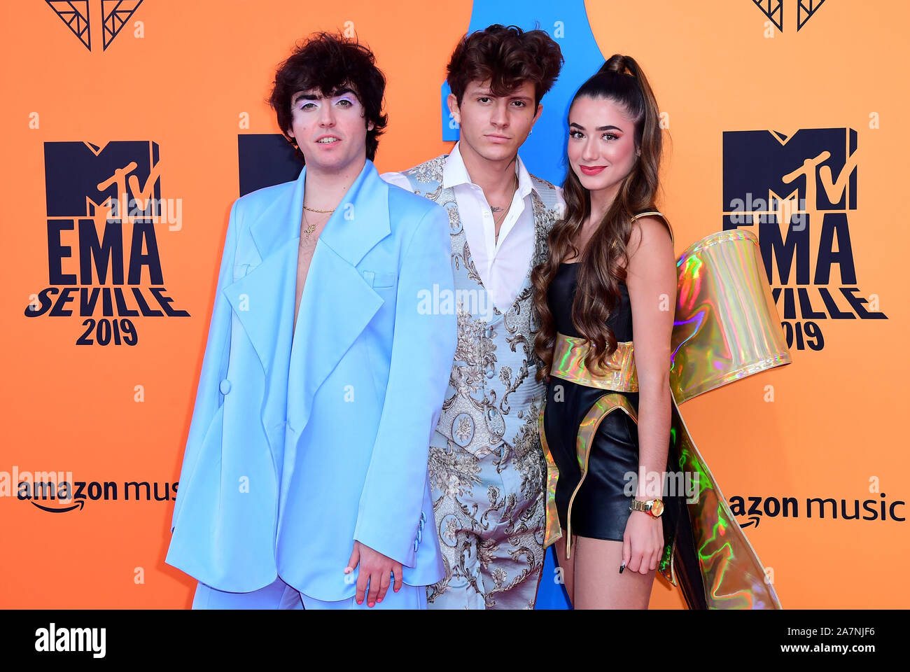 Luc Loren, Jonan Wiergo and Lola Lolita attending the MTV Europe Music Awards 2019, held at the FIBES Conference & Exhibition Centre of Seville, Spain. Stock Photo