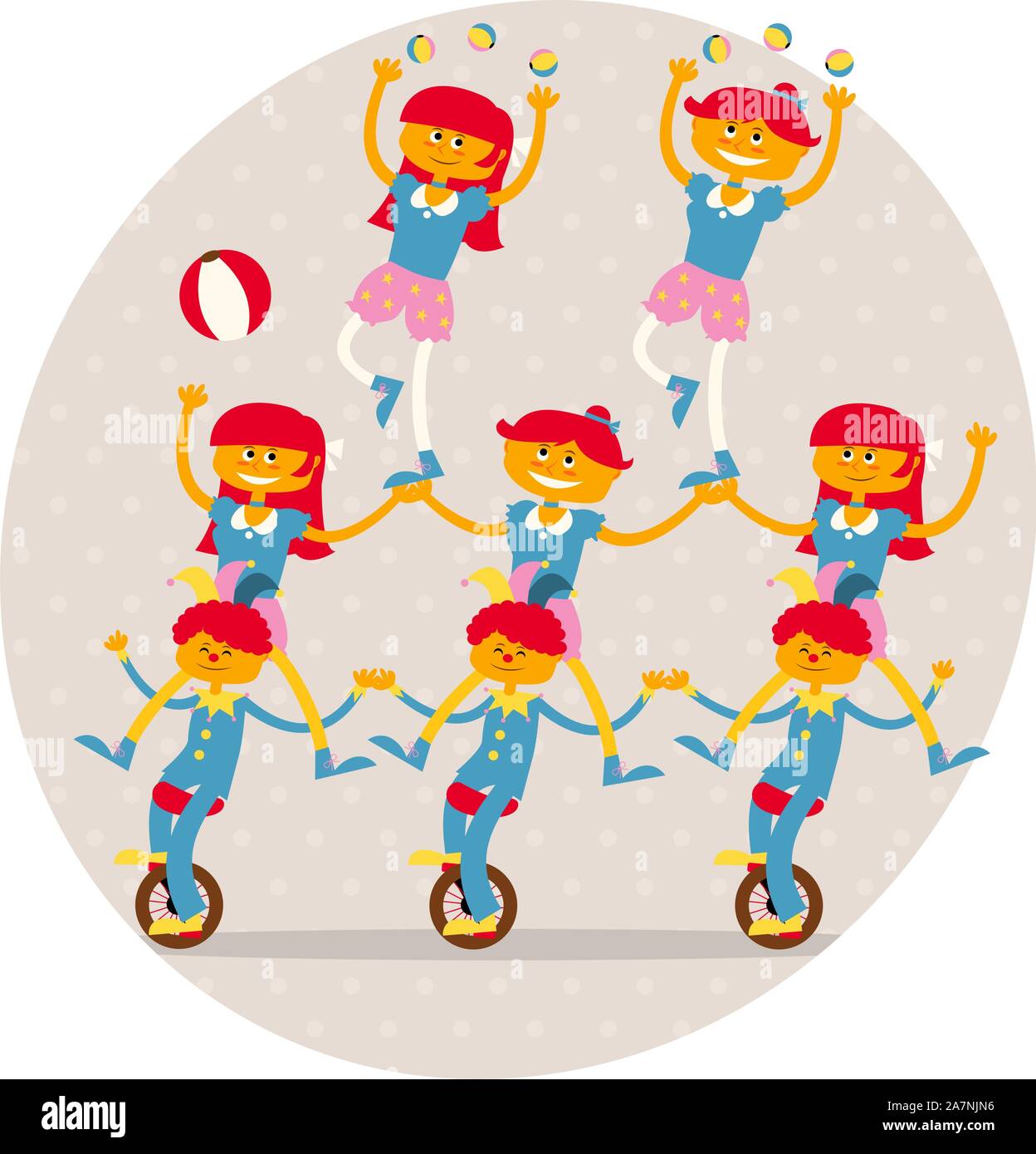 3 boys and 5 acrobats girls making an acrobatic number including monocycle, balls and an equilibrium dance vector illustration. Stock Vector