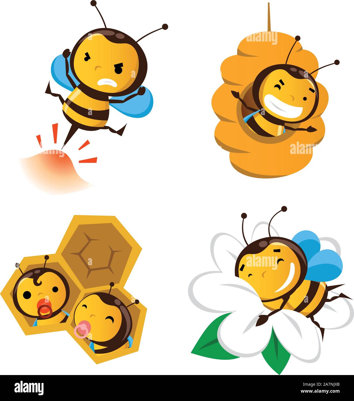 Bee action set 2, featuring cute bees doing bee stuff. Stock Vector