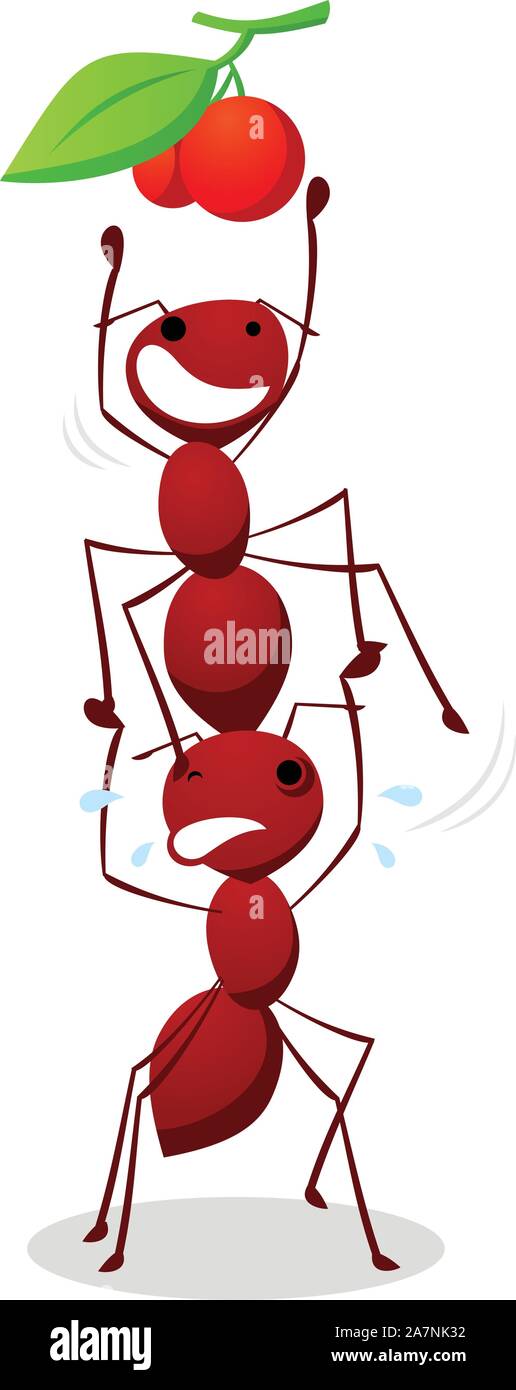 Ants helping each other to make a stair to fetch cherry, with two ants stair vector illustration and two cherry with leaf. Stock Vector
